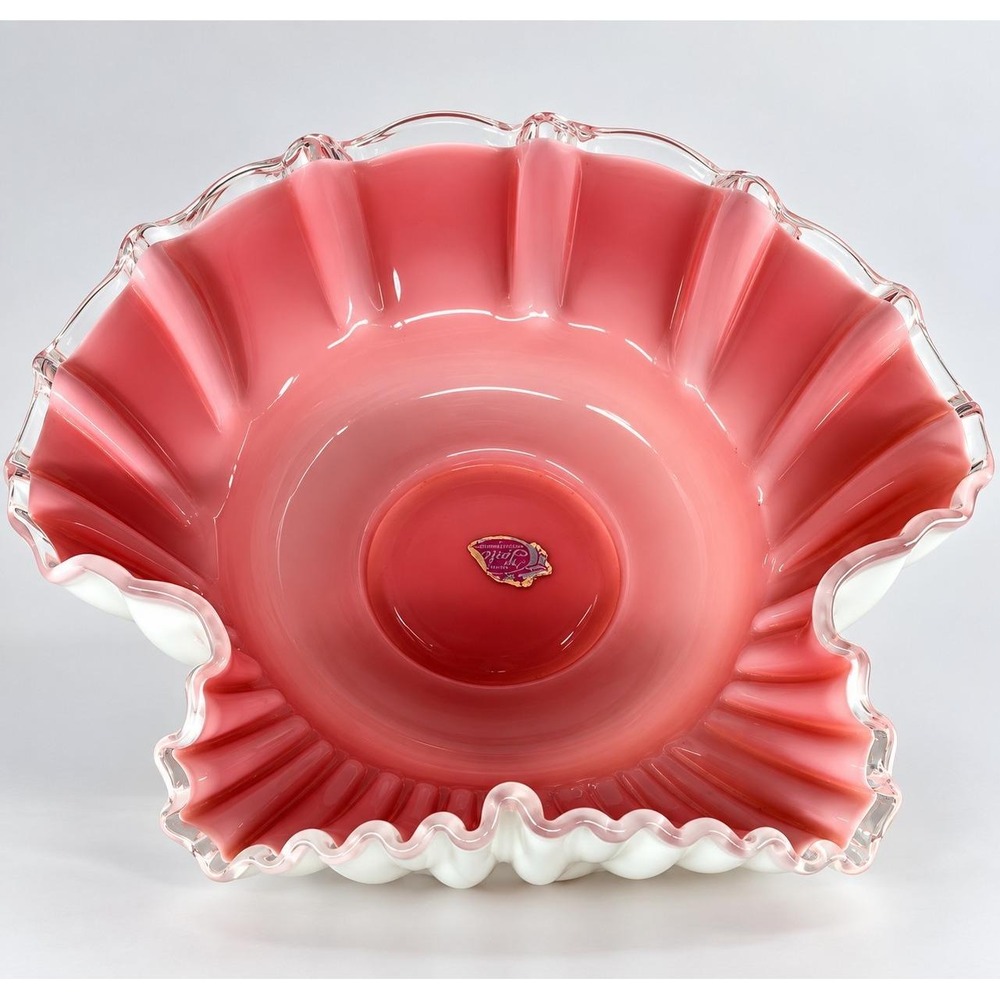 Vintage Fenton Pink Silver Crest Ruffled Art Glass Bowl 10" Original Label USA